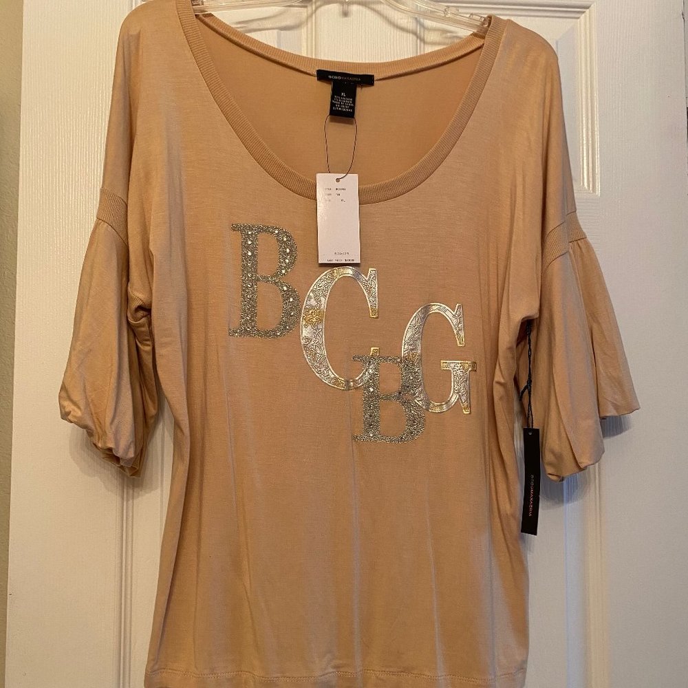 New BCBG Max Azria Logo Embellished Tan Blouson-Sleeve Top